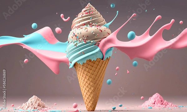 Fototapeta Melted blue-pink ice cream cone with sprinkles, 3D-render, isolated on white background. Generative AI.