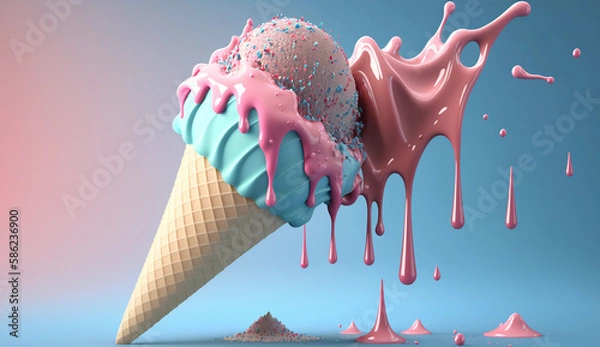 Fototapeta A vibrant blue-pink ice cream cone with rainbow sprinkles, 3D-render on a clean background. Generative AI.