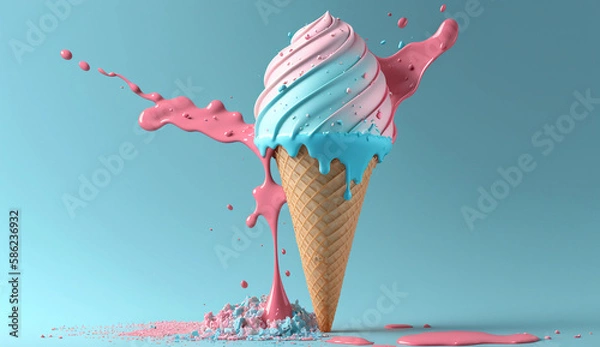 Fototapeta A summery blue-pink ice cream cone with rainbow sprinkles, 3D-render on a clean background, perfect for seasonal designs. Generative AI.