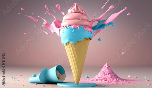 Fototapeta Get your hands on this delicious blue-pink ice cream cone with sprinkles, 3D-render against a white background. Generative AI.