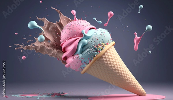 Fototapeta Satisfy your cravings with this blue-pink ice cream cone with sprinkles, 3D-render against a white background. Generative AI.
