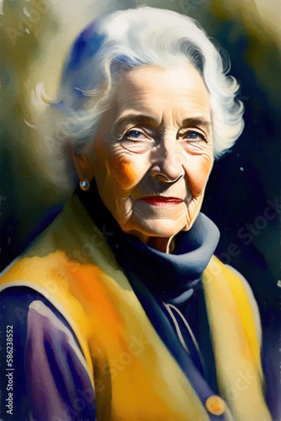 Obraz Colorful painted portrait of an old lady with flowers. Generative AI