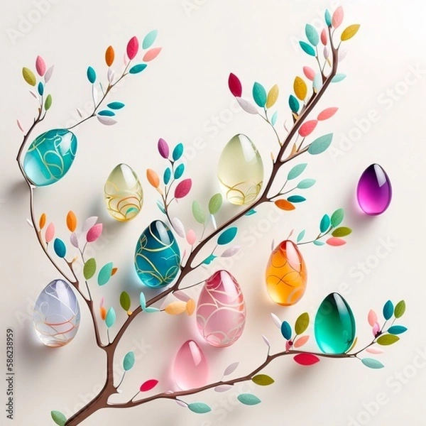 Fototapeta Abstract Easter Decoration With Glass Eggs and Paper Flowers Made With Generative AI 