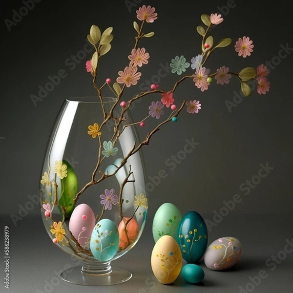 Fototapeta Abstract Easter Decoration With Glass Eggs and Paper Flowers Made With Generative AI 