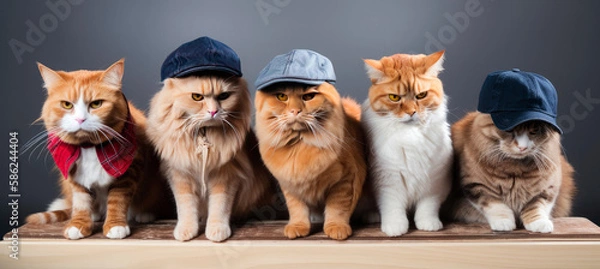 Fototapeta Portrait of a gang of cats dressed in human clothes posing for the camera. Studio shot. Generative AI