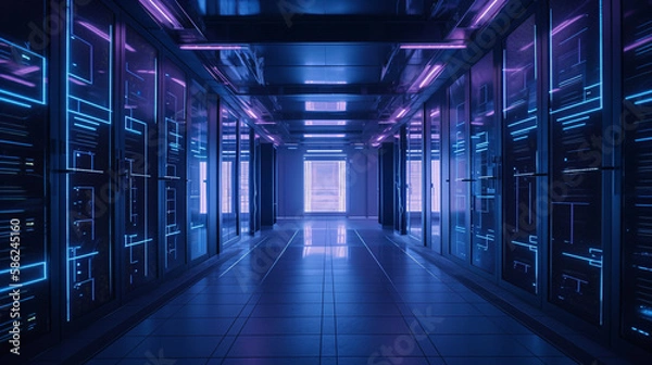 Fototapeta 青と紫のグラデーションに照らされたサーバーラック