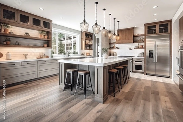 Fototapeta Beautiful kitchen in new luxury home with waterfall island, quartz counter tops, farmhouse sink, and hardwood floors. Generative AI