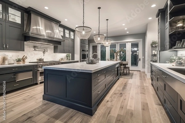 Fototapeta Beautiful kitchen in new luxury home with waterfall island, quartz counter tops, farmhouse sink, and hardwood floors. Generative AI