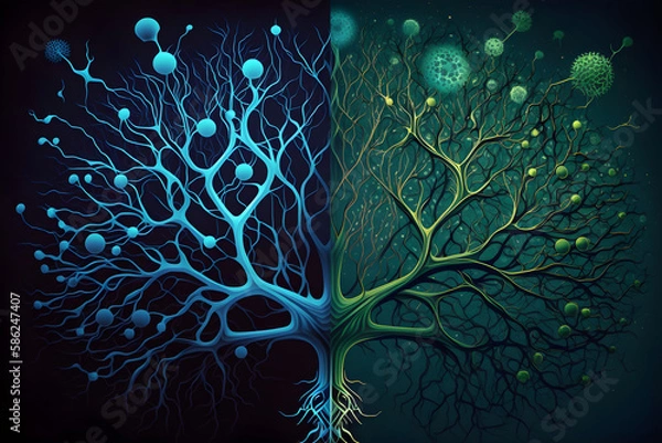 Fototapeta Neural network concept in the form of a brain in green and dark blue colors, Generative AI