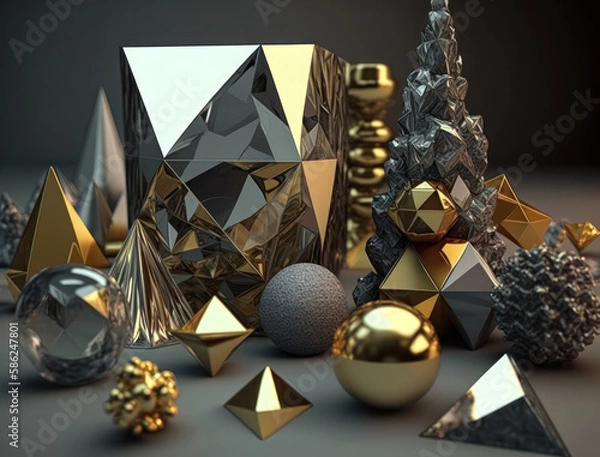 Fototapeta Abstract chaotic geometric background Glossy pyramids and spheres background created with Generative AI technology