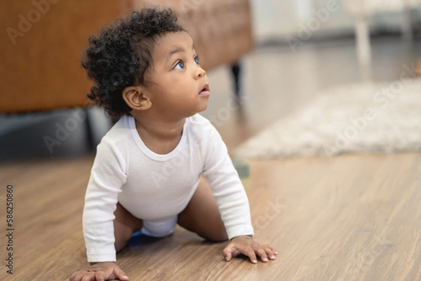Fototapeta Happy African American Little baby boy crawling and looking for some thing to learn