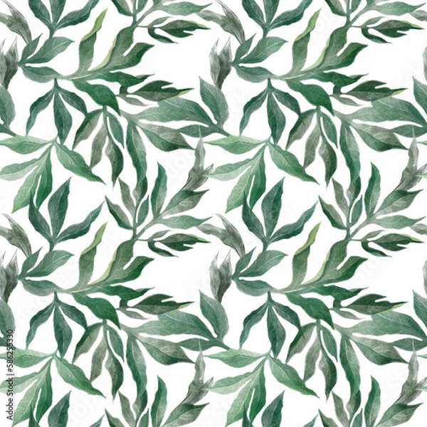 Fototapeta A watercolor seamless pattern of red peonies with leaves and flowers.