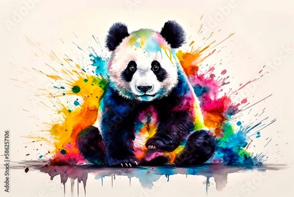Obraz Panda with colorful splashes on white background.