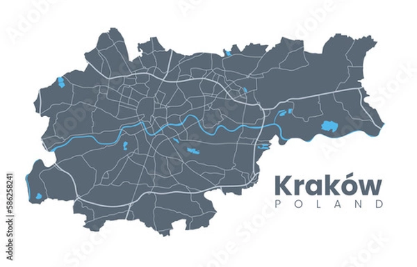 Fototapeta Urban Cracow Map. Szczegółowa mapa Kraków (Cracovia), Polska. Plakat miejski z ulicami i rzeką Wisły (Vistula). Wersja o ciemnym wypełnieniu.