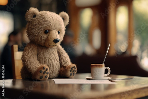 Fototapeta Teddy bear with cup of coffee, teddy bear with cup of tea. Generative AI