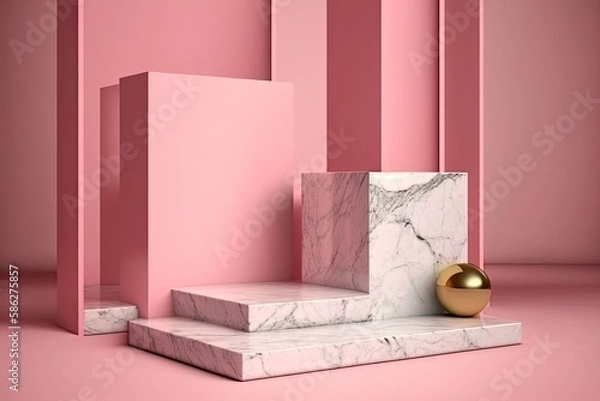 Fototapeta Empty podium mock up display, blank cosmetic ads stand product placement fashion ads on minimal pink color background, pedestal mockup scene platform ai generative promotion concept.
