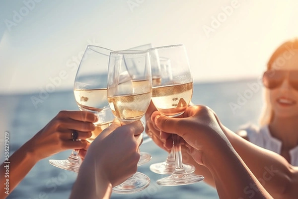Obraz Happy friends with glasses of champagne on yacht. Generative Ai