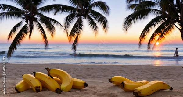 Fototapeta A few large ripe bananas are lying on the sand on the beach .Generative AI