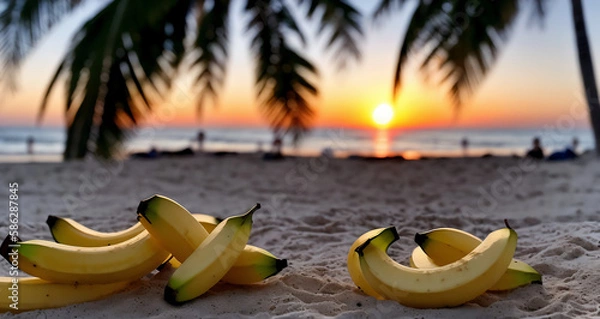 Fototapeta A few large ripe bananas are lying on the sand on the beach .Generative AI