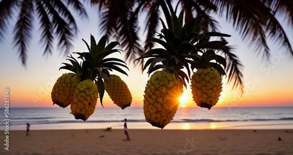Fototapeta Five pineapples in the middle of the picture. In the background, there is a beach and the sea .Generative AI