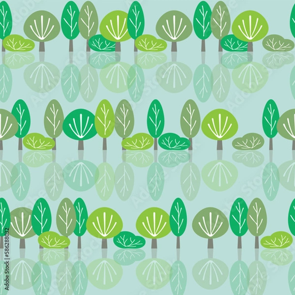 Fototapeta Vector green trees with silhouettes repeating pattern background. 