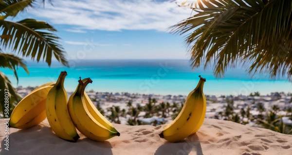 Fototapeta A few large ripe bananas are lying on the sand on the beach .Generative AI