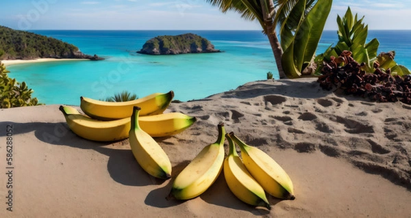 Fototapeta A few large ripe bananas are lying on the sand on the beach .Generative AI