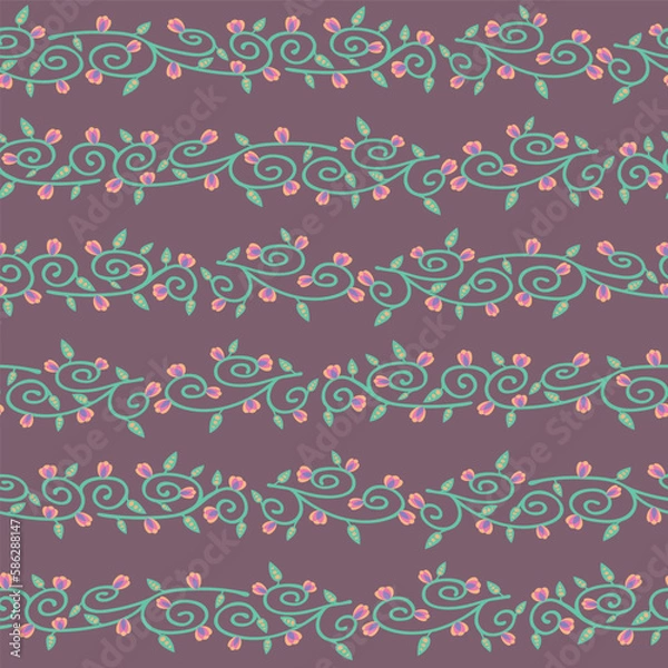 Fototapeta Vector green branches with leaves and flowers repeating pattern background.