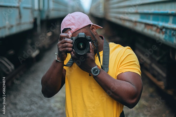 Fototapeta A young man of African African appearance in a bright yellow t-shirt and a pink cap take a photo with a DSLR camera. A mirrorless camera in the hands of a photographer.