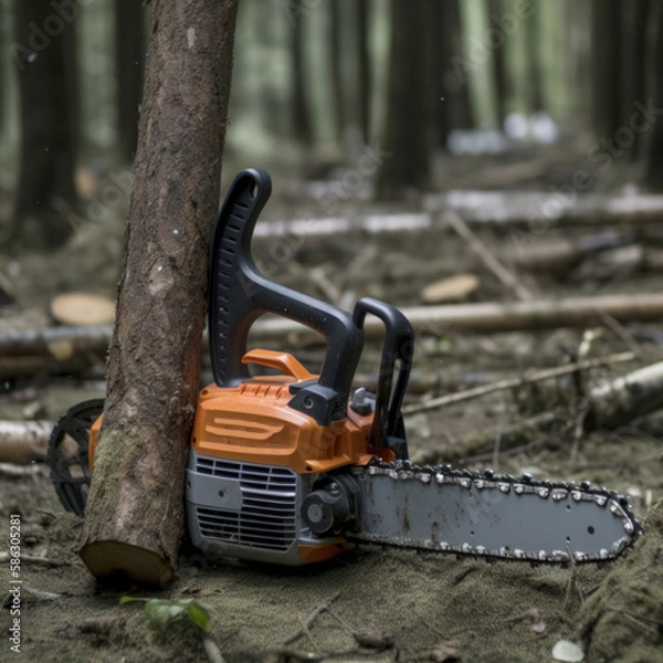 Obraz Une tronçonneuse orange posée contre un arbre 