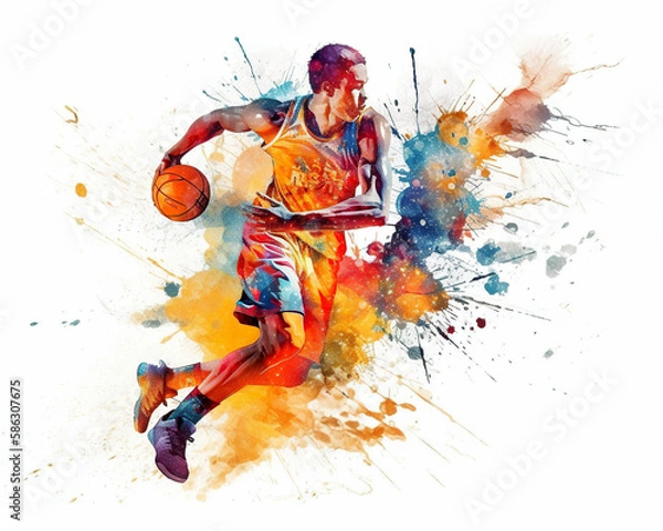 Fototapeta Sport abstract. Basketball watercolor splash player in action with a ball isolated on white background. AI generated illustration.