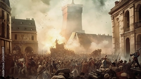 Fototapeta Historical recreation of the French revolution in front of the Bastille prison, generative AI