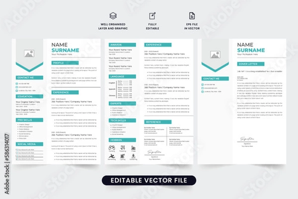 Fototapeta Job application resume template with a cover letter and personal information section. CV and resume layout design with blue and dark colors. Corporate Resume template design with photo placeholders.