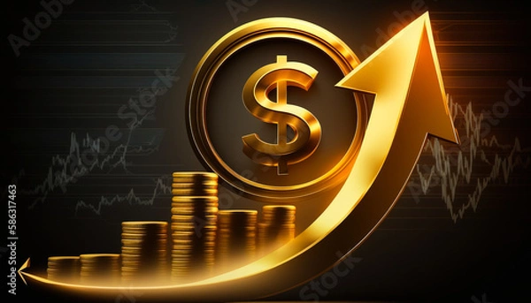 Fototapeta A compelling abstract background featuring a dynamic stock chart and piles of gold coins - ai generated.