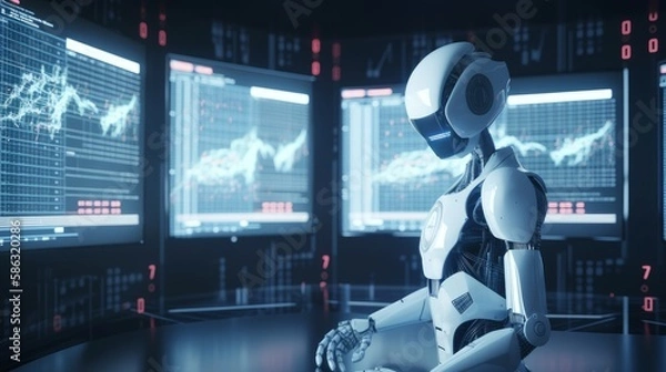 Fototapeta Robot trading and machine learning concepts visualized for a futuristic automation and AI-driven financial landscape. Imagined by AI.