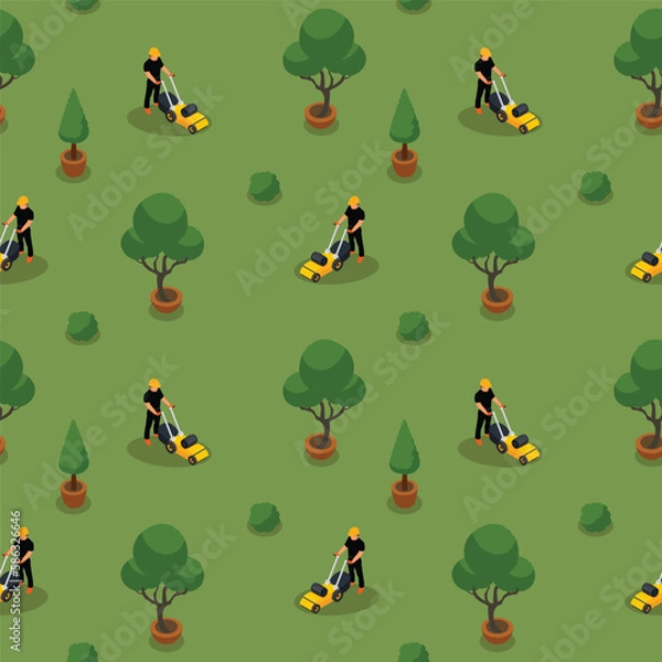 Fototapeta Isometric seamless pattern with a lawn care workers