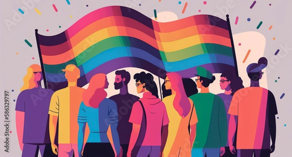 Fototapeta Colorful and joyful gathering of people in the LGBT pride march showcases the strength and diversity of the community's fight for acceptance and human rights. Flat vector illustration. Generative AI.