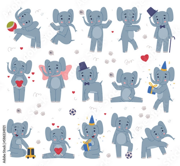 Fototapeta Funny Elephant with Large Ear Flaps and Trunk Engaged in Different Activity Vector Set