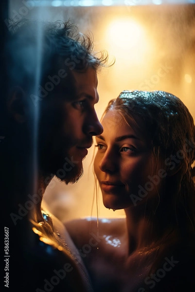 Fototapeta Couple enjoying a romantic steam room session, surrounded by steam and soft lighting, relax and unwind, Couple's Spa Day in the Steam Room, sexy, erotic, seductive, pleasure, love ai generative