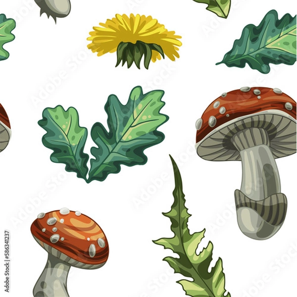 Fototapeta A pattern of wild mushrooms, leaves and flowers