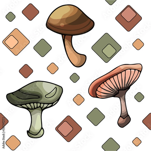 Fototapeta A pattern of wild mushrooms, dots and colours