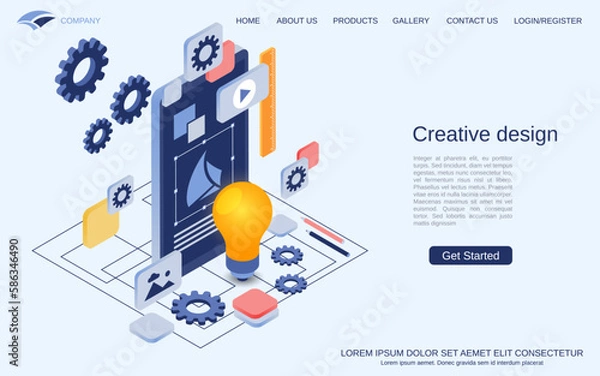 Fototapeta Creative design, digital art modern 3d isometric style vector concept illustration. Smartphone cartoon icon. Landing page design template