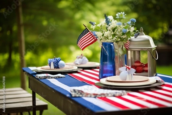 Fototapeta A professional Fourth of July backyard cookout product shot, featuring a close-up of an empty picnic table meticulously. Created using generative AI tools