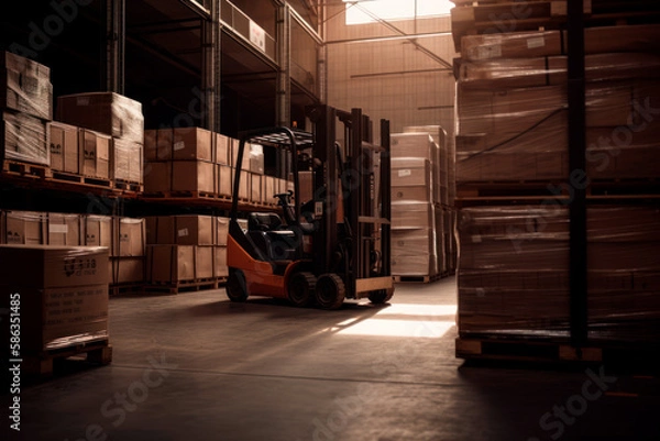 Fototapeta Forklift next to pallets stacked with boxes in warehouse, generative AI