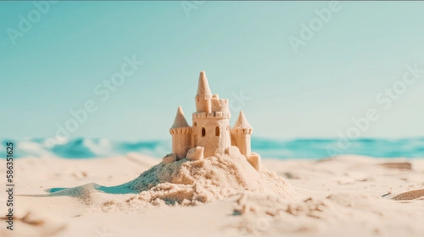 Fototapeta Beautiful sandcastle on the beach with sand on summer vacation. Travel vacations concept. Generative AI