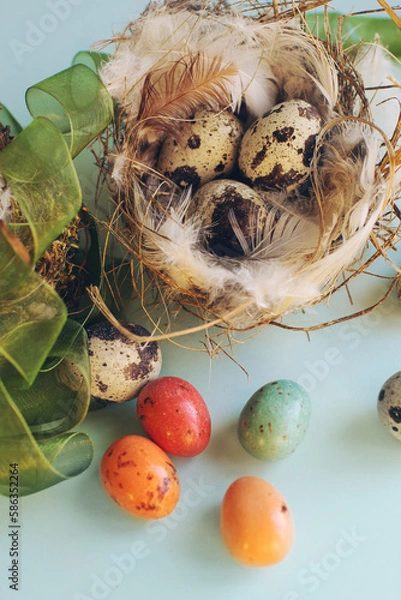 Obraz Spring background with colorful Easter eggs in the nest