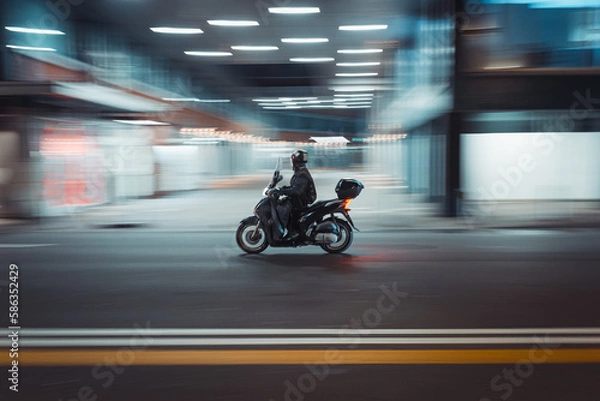 Fototapeta panning of a scooter in the city at night, with led lights in the background