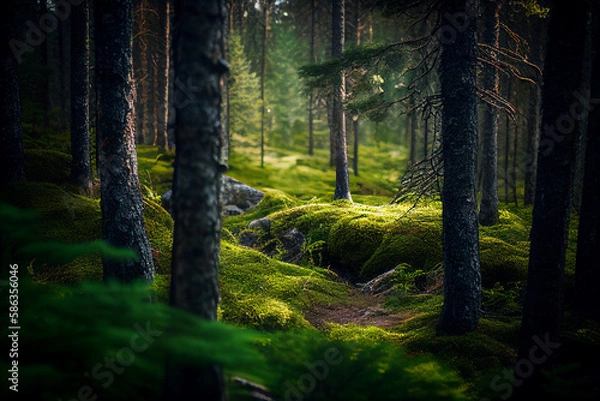 Fototapeta scandinavian forest with many trees, lots of green moss made with Generative AI