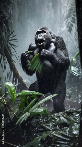 Fototapeta Gorilla in the Tropical Downpour: Life in the Jungle  (Generative AI)