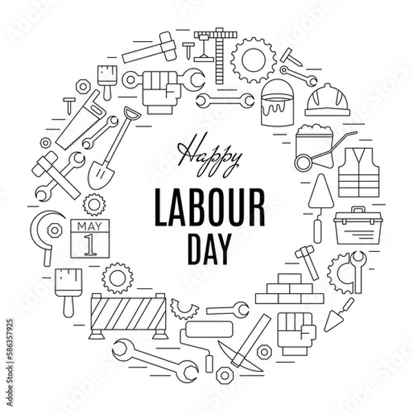 Fototapeta International Labour Day icons set in round shape. 1st May Worker s Day poster.